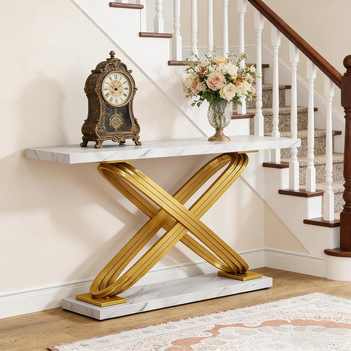 Wishdor Sidetable - Modern design - Marmerlook blad - X-poot van metaal - Goud en wit - 140 x 35 x 80 cm