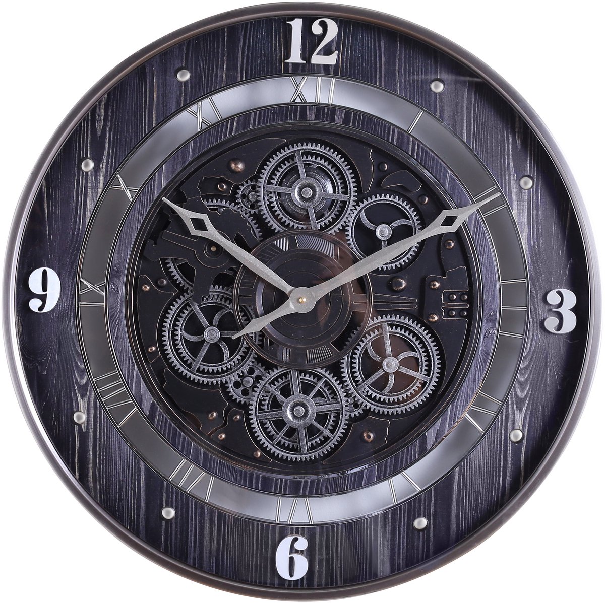 Fresco Wandklok 60 Ø cm met Bewegende Tandwielen – Black Wood & Silver – Grote Industriële Wandklok