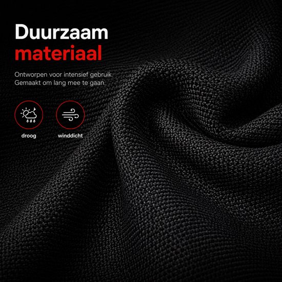 Gedetailleerde textuur van het zwarte, duurzame materiaal van de bivakmuts. Tekst "Duurzaam materiaal".