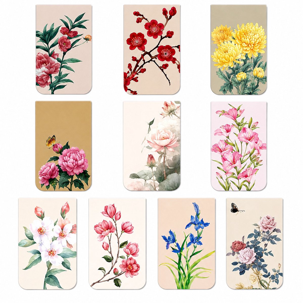 Magnetische Boekenleggers Bloemen – 10 stuks Verschillende Bloemmotieven – Boekmarkeringen voor Boeken, Tijdschriften en Agenda – Cadeau voor Lezers