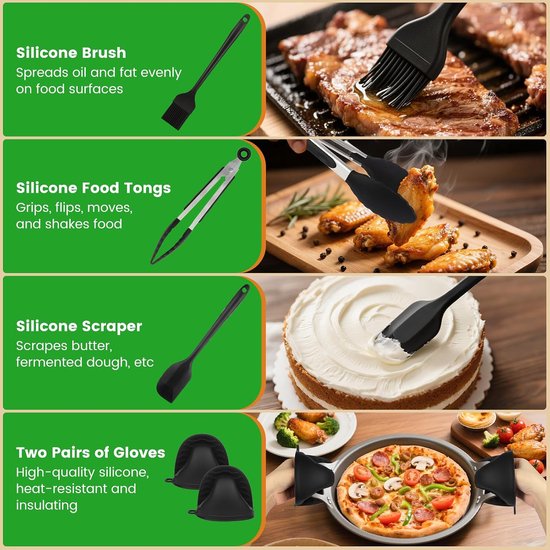 Set van airfryer accessoires: siliconen borstel, tang, spatel en ovenwanten.