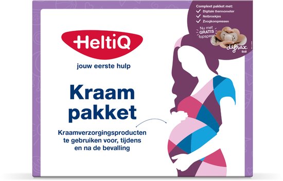 Heltiq Kraampakket: Digitale thermometer, Neteldoekjes, Zoogkompressen. Nu met gratis fopspeen. Met afbeelding van een zwangere vrouw.