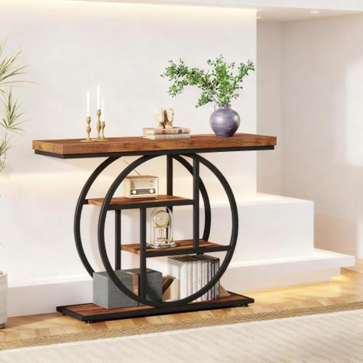 Wishdor Sidetable - Industrieel - 4 lagen - Metaal en hout - Zwart en rustiek bruin - 105 x 30 x 80 cm