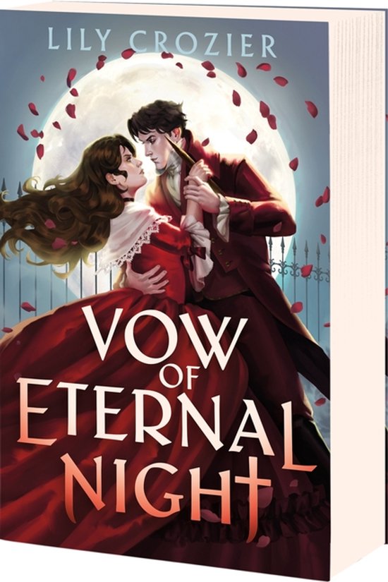 Boekomslag 'Vow of Eternal Night' met een man in rood pak en een vrouw in rode jurk die dansen onder de volle maan.