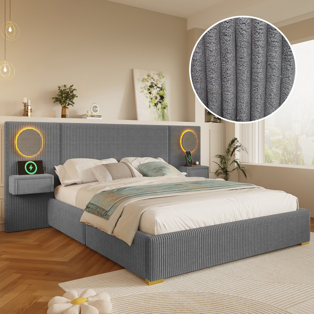 MIVRAY Gestoffeerd Bed 180x200 cm Grijs Met Verlichting Kopstuk USB Aansluitingen Opberglades Tweepersoonsbed Fluweel Stof Voor Moderne Slaapkamer