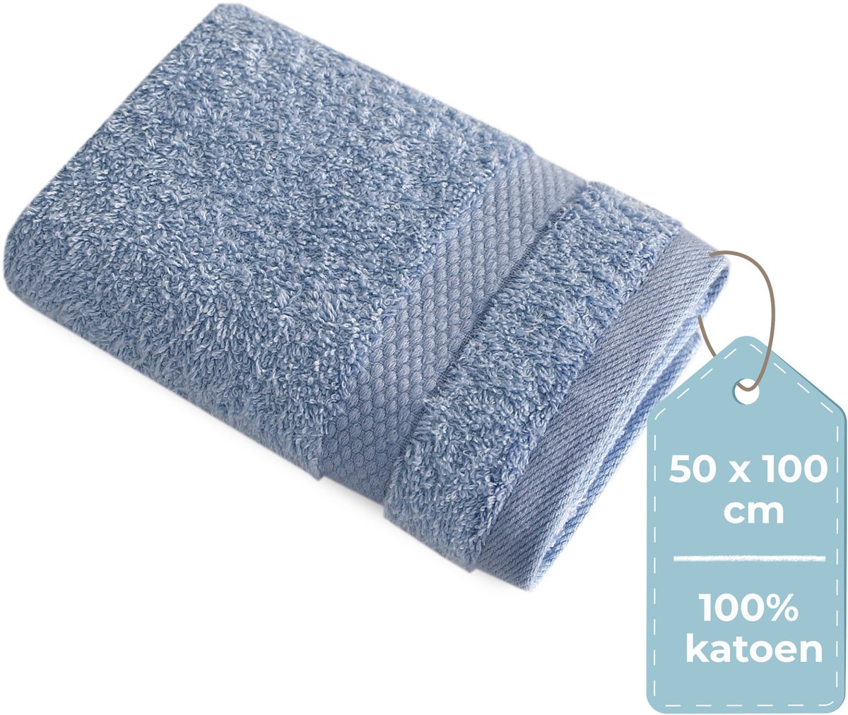 HUSH Living - Handdoek 100% Katoen - Per Stuk - 50×100 cm - Zware Kwaliteit 500g/m2 - Stijlvol Boord en Ophanglus - Blauw/Grijs
