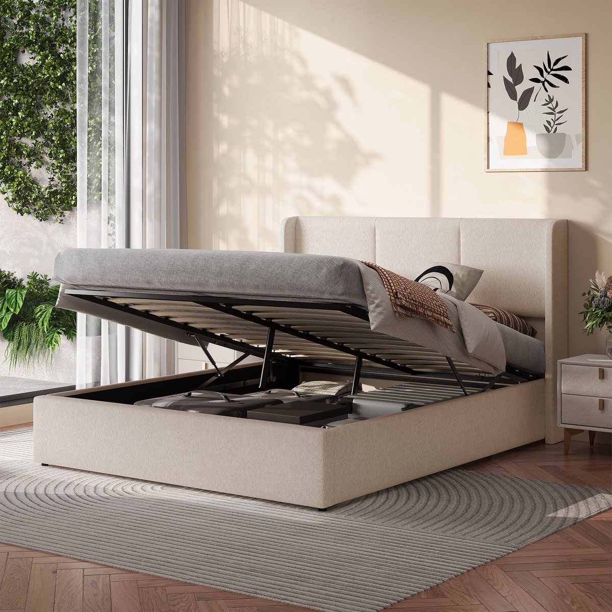 Tweepersoonsbed 160x200 cm met Opbergruimte-Opbergbed met Hydraulisch Liftsysteem-Gestoffeerd Bed-Massief Houten Lattenbodem -Linnen -Beige -Zonder Matras