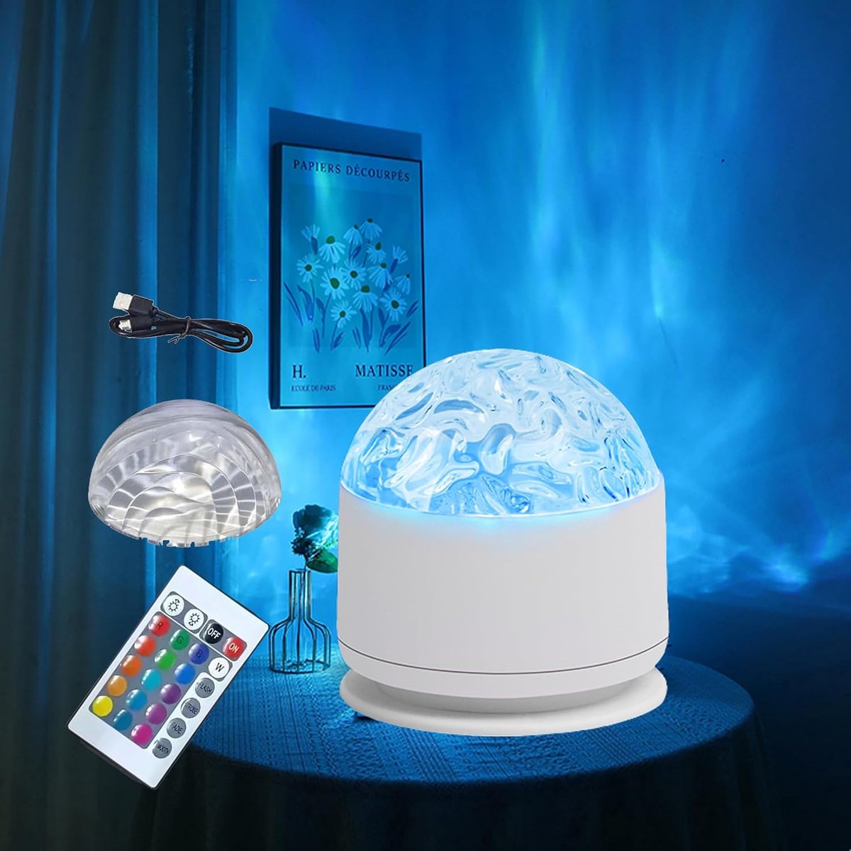 2-in-1 Galaxy Projector - met Afstandsbediening - 16 dynamische kleuren - met 2 lampenkappen ：Noorderlicht + waterrimpels - USB-oplaadbaar - sfeervolle verlichting - Nachtlampje - Romantisch Cadeau - voor slaapkamers en kinderkamer - 78x78x87mm