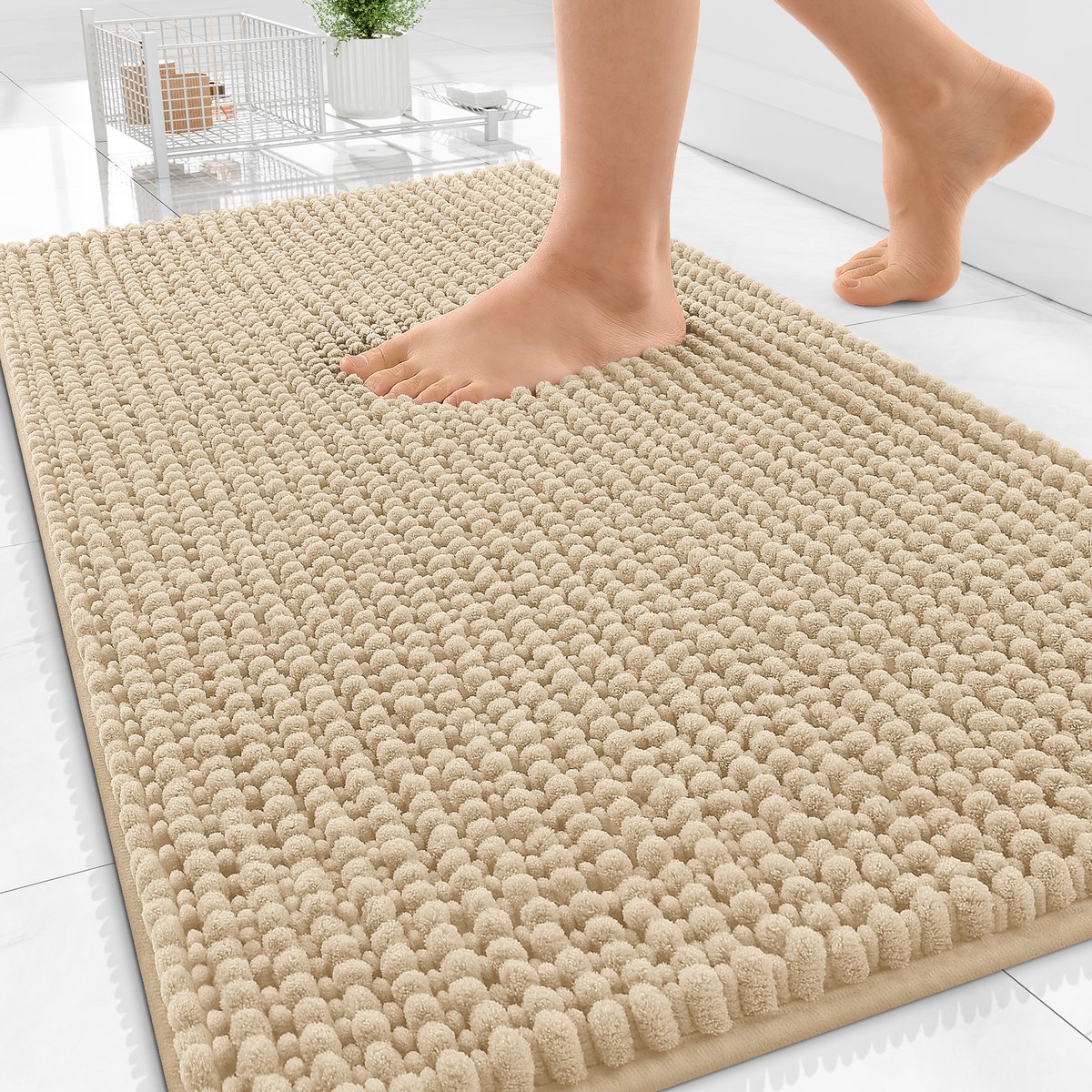 Olanly Badmat Antislip – Chenille Douchemat – Badmat Badkamer – Super Absorberend Deuropmat – Beige – 51X76cm