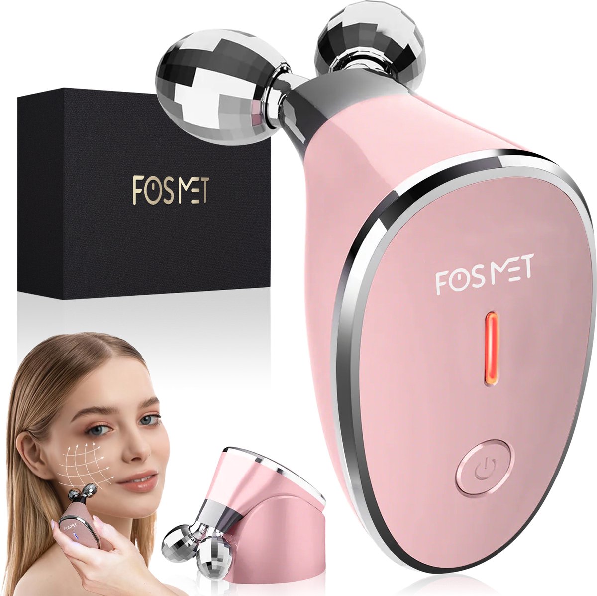 FOSMET Gezichtsmassageapparaat 5-in-1 EMS Microstroom - Facelift Apparaat - Huidverjonging - Anti Aging - Voor Versteviging & Elasticiteit - Stevigere & Verzorgde Huid - Voor Thuisgebruik - Roze