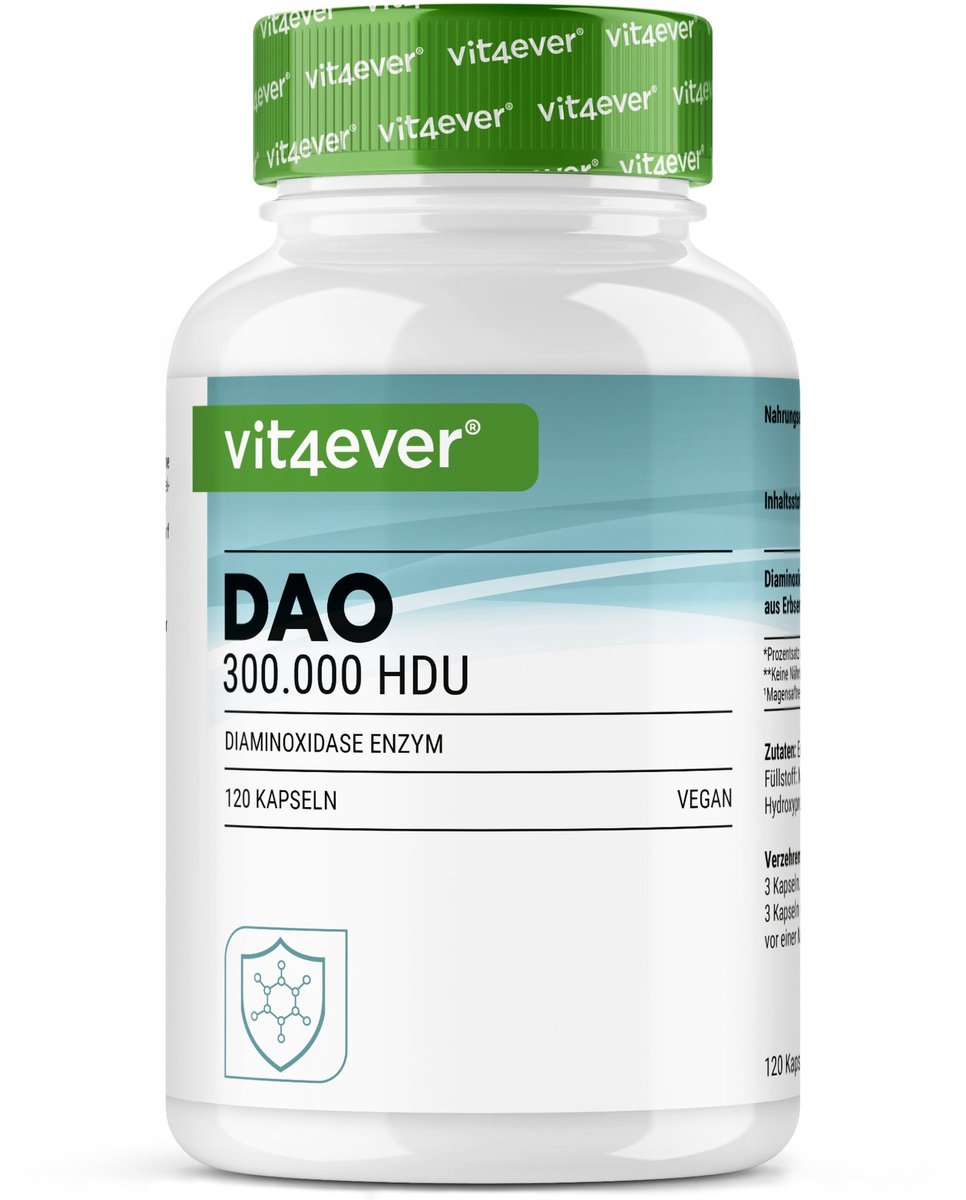 Vit4ever DAO Enzym 300.000 HDU - Diamine Oxidase - 120 Capsules - 100.000 HDU per Capsule - Uit Gekiemde Erwt in plaats van Varkensnier - Maagsapresistente Capsules - Vegan - Drie Ingredienten - Voedingssupplement voor Volwassenen