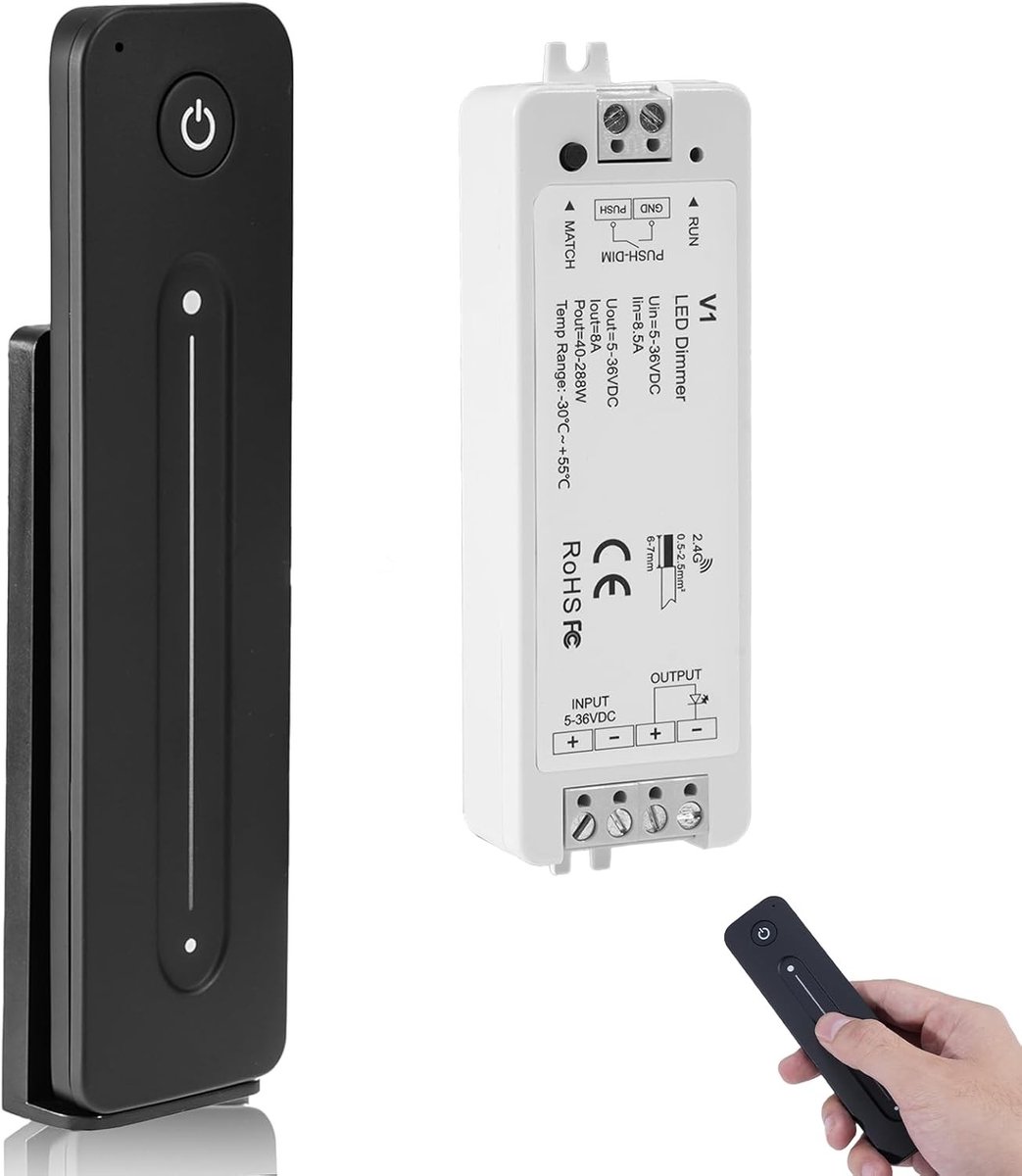 LED Dimmercontroller met Afstandsbediening - Wit - 5V-36V - Magnetische Wandmontage - Voor Enkelkleurige Dimbare LED-strips