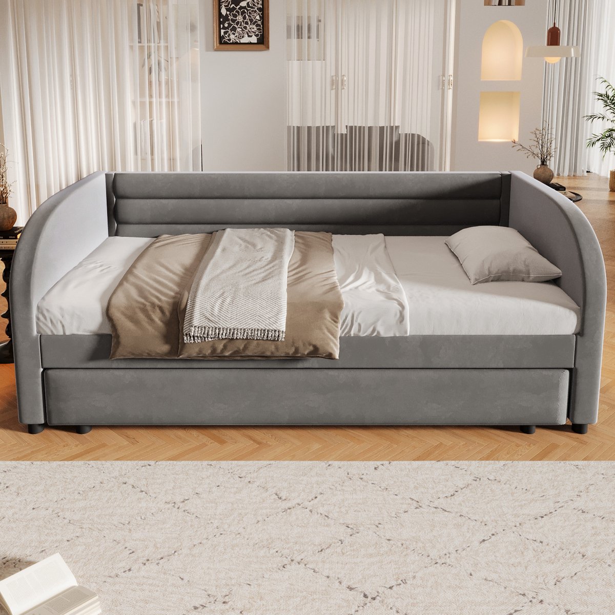 Gestoffeerd Bed 90x200cm Met LED Verlichting En Uittrekbed Voor Kinderen En Jeugd Flanel En MDF Grijs Zonder Matras
