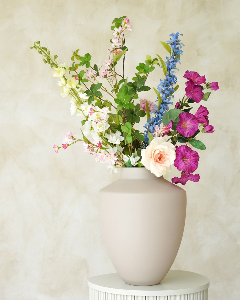 Fan of Flowers Rosa – Zijden Boeket – Kunstbloemen Veldboeket – Beige & Dieppaars – 85 cm – Real-Touch Nepbloemen