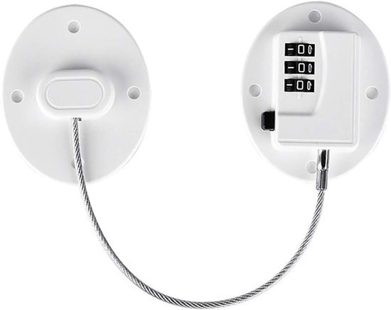 Wit kinderbeveiligingsslot met stalen kabel en cijferslot.