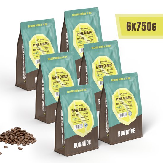Zes zakken van 750 gram Bunafide Hyper Charge koffiebonen in 100% Arabica, medium roast, met groene en bruine opdruk.