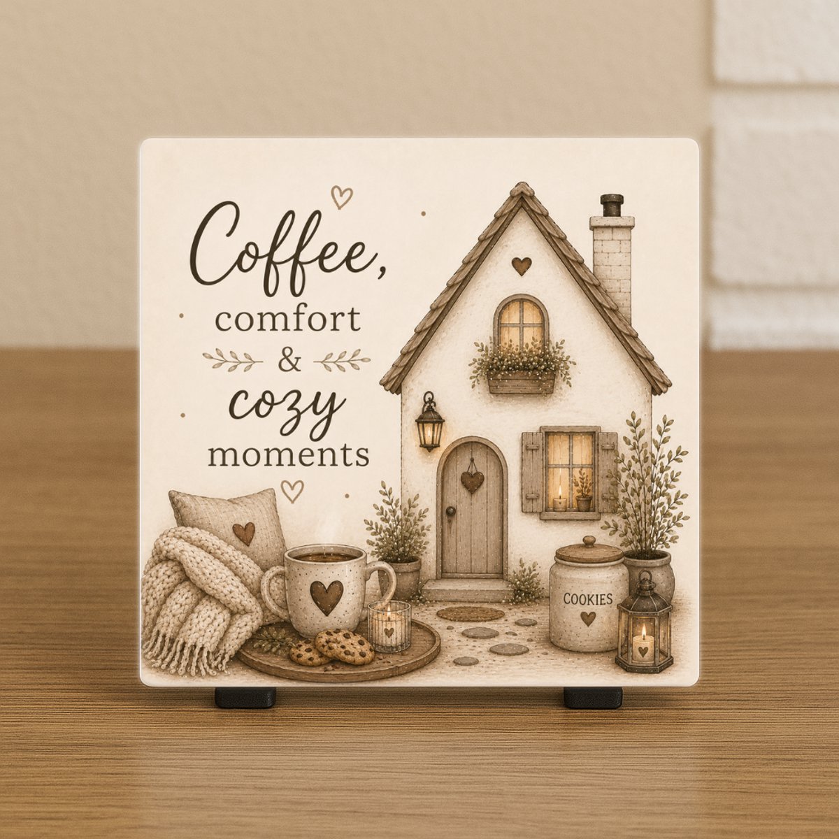 CreaCraft Spreuktegel “Coffee, comfort en cozy moments” – Cadeau tegeltje – Trendy nu – Woondecoratie – Vriend(in), familie, collega – Zomaar – Incl standaard – Cadeau idee – Wenstegeltje
