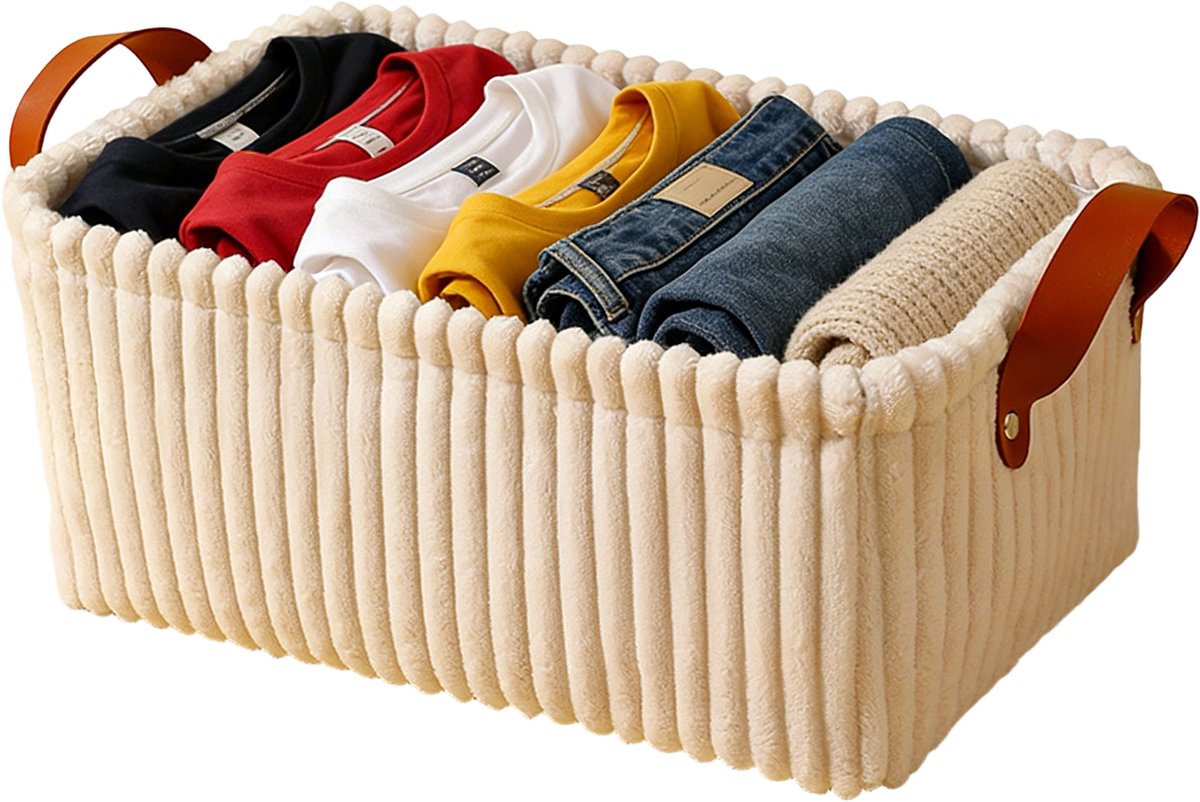 MODFU Opbergmand - Opbergkorf van Fluweel - 41x31x20 cm - Met Stevige Handvatten - Ruime Opbergruimte - Voor Kleding, Speelgoed & Cosmetica - Khaki