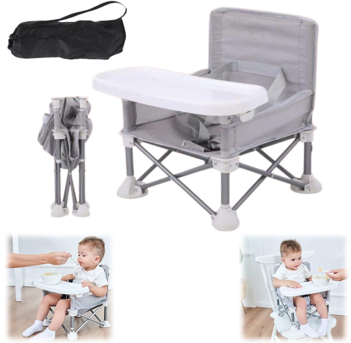 Kinderstoel - Baby voedingsstoel - Verhogings stoelen - Opvouwbare babystoel - Hoge kinderstoel - Afneembaar dienblad - met opbergtas - Geschikt voor peuters van 6-36 maanden (37*31 cm - Grijs)