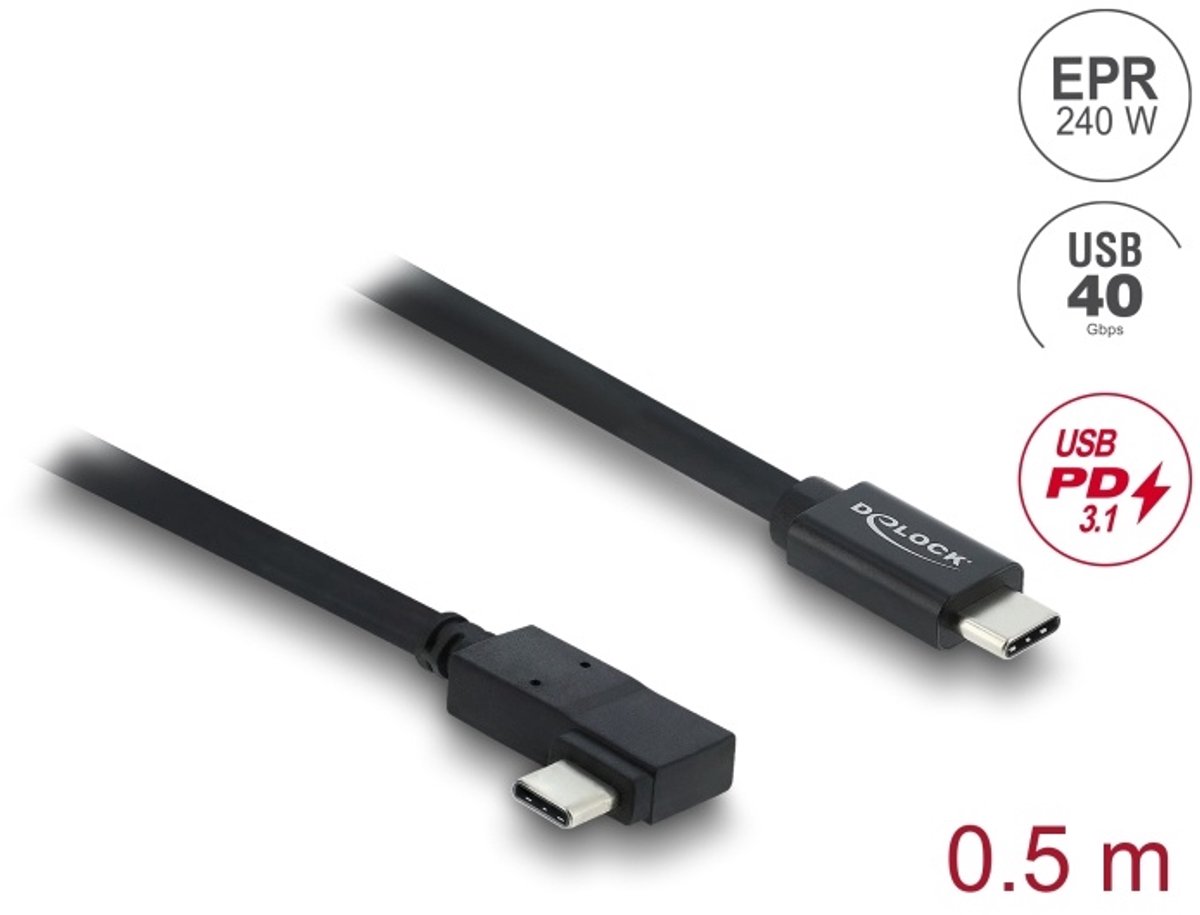 Delock Coaxial USB 40 Gbps cable angled left / right USB PD 3.1 240 W 0.5 m