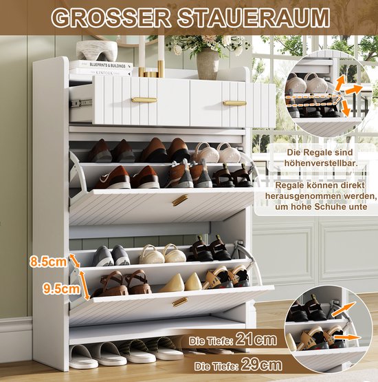 OKWISH Schoenenkast - Smal Model Met Klapvakken En Lade - Voor Hal En Entree - Wit - 75 X 24 X 108,5 Cm van okwish — afbeelding 4