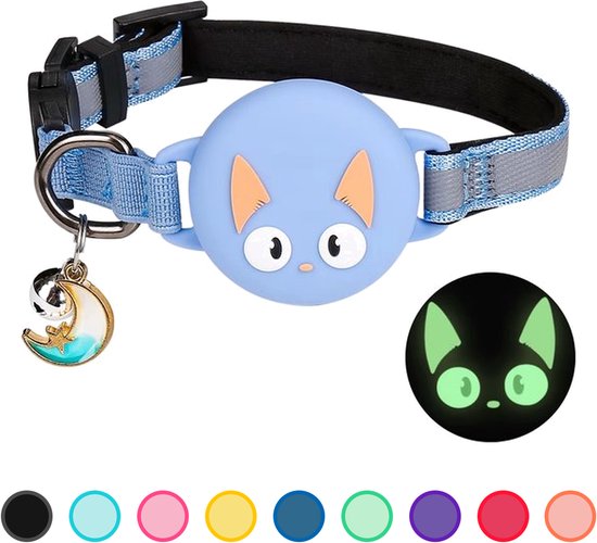 Collier bleu pour chat avec sangle réglable, rayures réfléchissantes, clochette argentée et support rond bleu en forme de visage de chat.