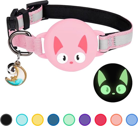 Collier rose pour chat avec rayures réfléchissantes, une clochette en forme de lune et un porte-AirTag en forme de tête de chat rose ronde.