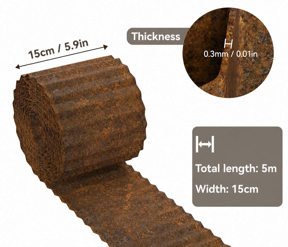 VidaStore borderrand cortenstaal 5 meter relief - Borderrand - Cortenstaal borderrand - Gazonrand - 15 cm hoog - 5 meter lang