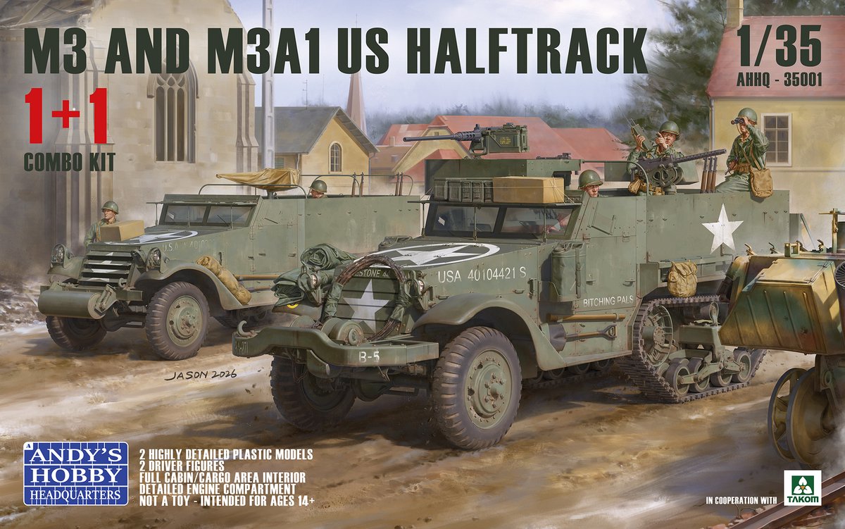 Takom Modelbouwpakket Militaire voertuigen - Andys Hobby Headquarters 35001 M3 / M3A1 Halftrack WWII - 2 Amerikaanse Voertuigen en 2 Figuren Plastic - 1:35 - Modelbouw