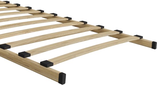 Detail van de houten lattenbodem met zwarte kunststof kappen aan de uiteinden.