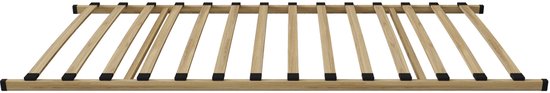 Houten lattenbodem in zijn geheel, liggend op een wit oppervlak. Latten met zwarte afwerking.