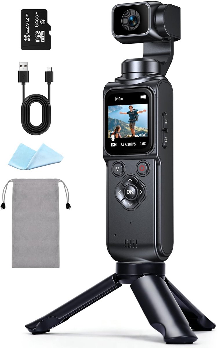 Actioncamera 4K met Gimbalstabilisatie – Vlog Camera met Touchscreen – AI Tracking – Compacte Sportcamera – Inclusief 64GB Geheugenkaart – Zwart