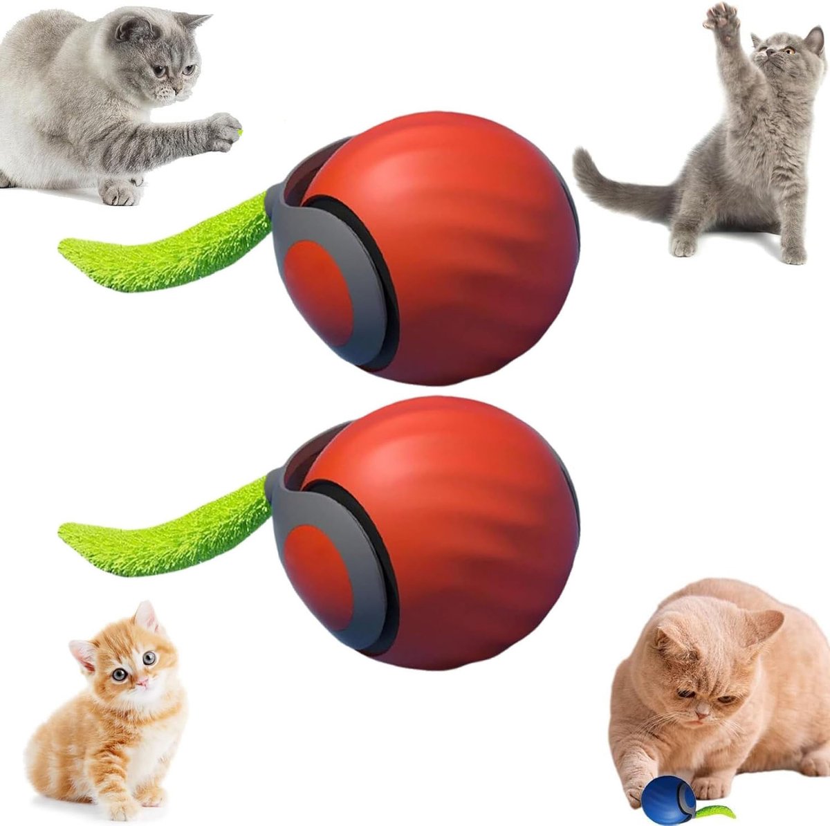 2 stuks Kattenspeelgoed – Slim interactief kattenspeelgoed – Elektrische rollende bal - Speelbal met staart – – Geschikt voor verveelde katten en honden – Oranje