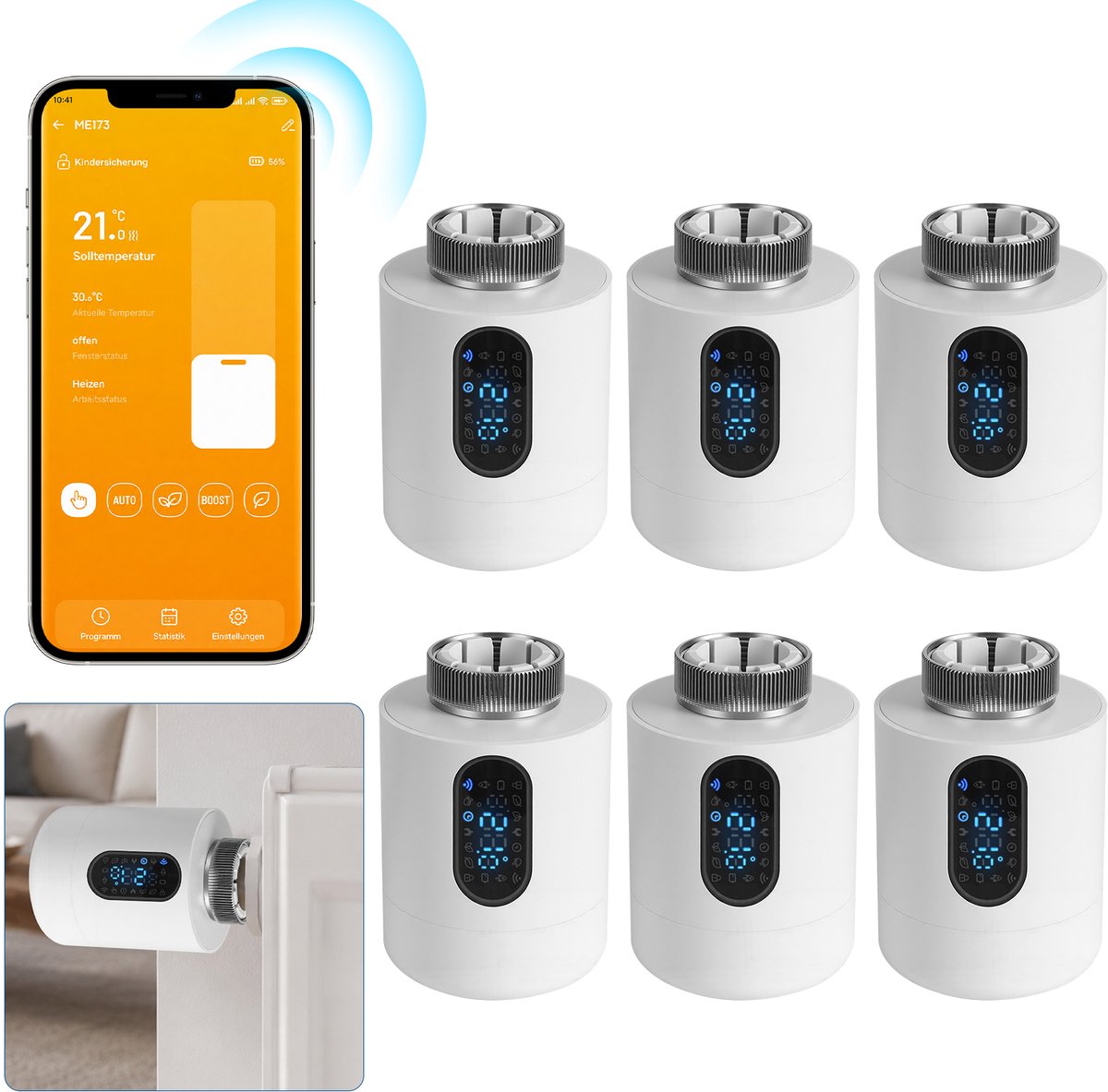 Slimme Thermostaatkraan voor Radiator – WiFi, App en 6 Modi – Wit – 6-pack