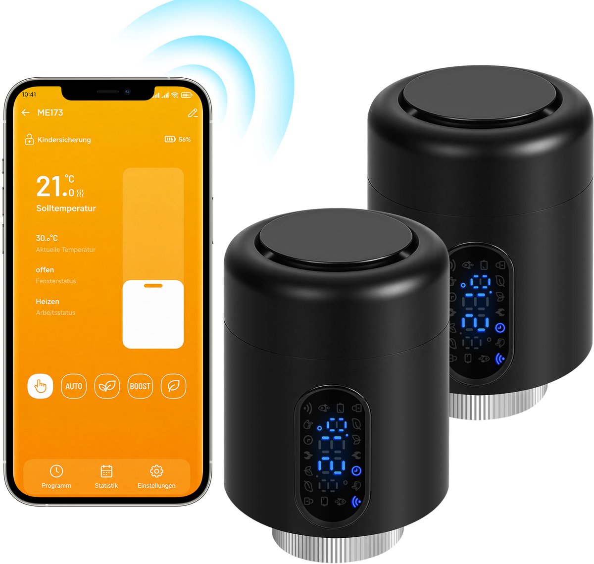 Slimme Thermostaatkraan voor Radiator – WiFi, App en 6 Modi – Zwart – 2-pack