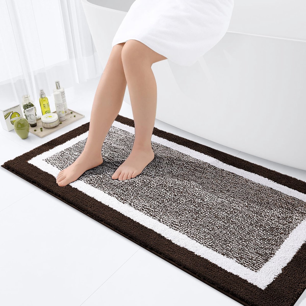 Olanly Badmat Antislip – Microvezel Douchemat – Zacht en absorberend vloermat – Badmat Badkamer – Bruinwit – 61X120cm