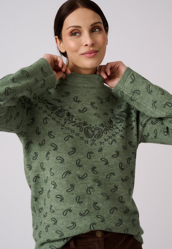 Groene trui met hoge hals en subtiele paisleypint op de borst, gedragen door een model.