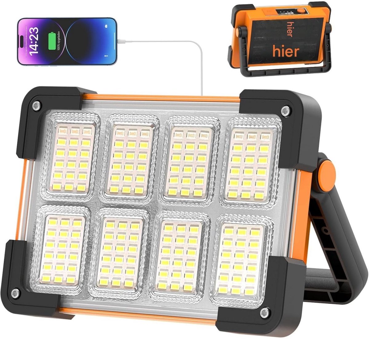 SSTRWGOOD LED Strahler voor Werkverlichting - 2000 Lumen Baustrahler met 144 LEDs - 4 Modi - 180° Verstelbaar Handvat - USB & Zonne-energie Oplaadbaar - IP65 Waterdicht - Geschikt voor Camping, Tuin en Noodgevallen - Met USB Uitgang als Powerbank