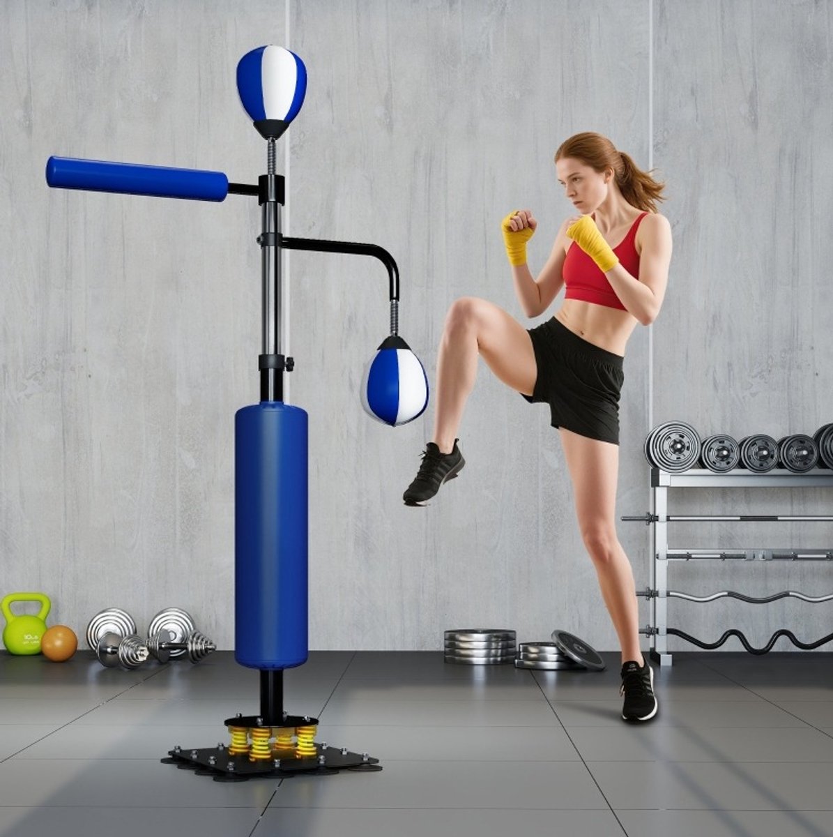 REDOM - Boksbalstandaard met 2 speedballs - Draaibare boxstang en kickpolster - Hoogteverstelbaar - Staand - Kunstleer - Blauw - 107 x 36 x 140-205 cm