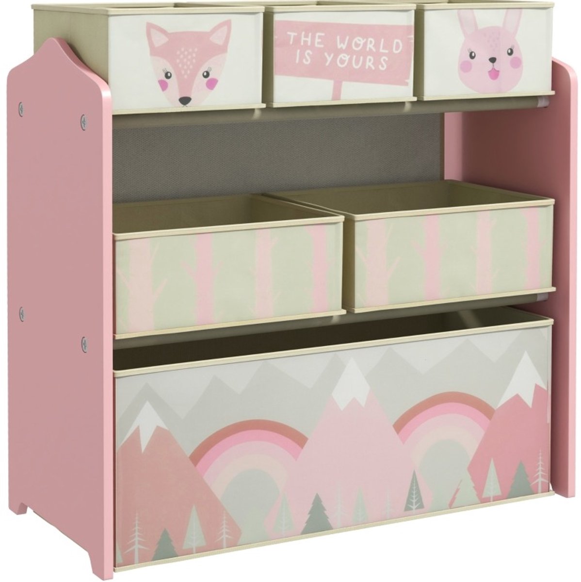 REDOM - Kinderkast met stoffen boxen - Open vakkenkast met 6 boxen - Speelgoed- en boekenopbergruimte - Kinderkamer - Hout - Roze - 63 x 30 x 66 cm