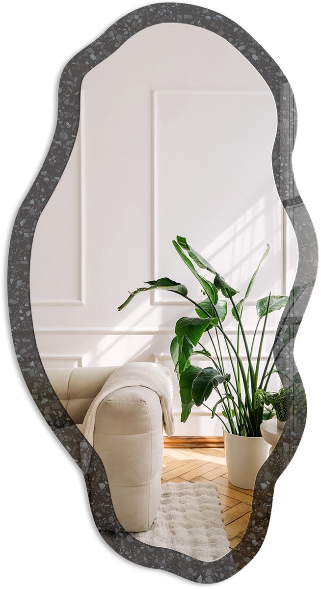 Coloray Zwart Terrazzo Spiegel - Zwart Stijlvolle Wandspiegel - Organische Spiegel - Badkamer, Kantoor, Keuken - Minimalistisch - 45x90 cm - Totale afmeting 52x97 cm