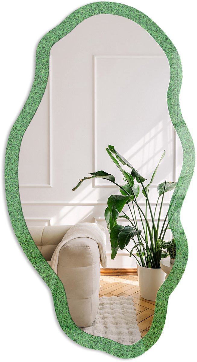 Coloray Graspatroon Spiegel - Groen Strakke Rechthoekige Spiegel - Organische Spiegel - Woonkamer, Hal, Kantoor - Minimalistisch - 45x90 cm - Totale afmeting 52x97 cm