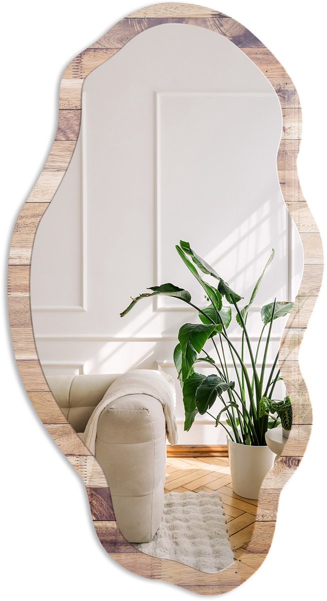 Coloray Houtstructuur Spiegel - Bruin Stijlvolle Wandspiegel - Organische Spiegel - Woonkamer - Rustiek - 45x90 cm - Totale afmeting 52x97 cm