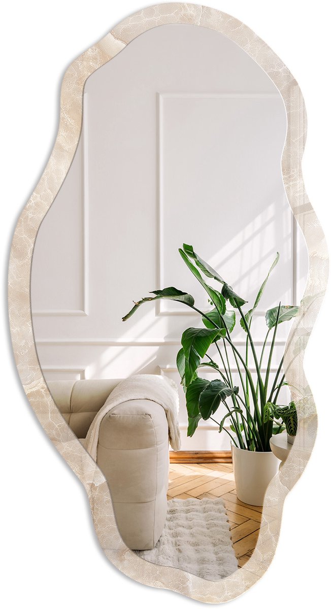 Coloray Beige Marmer Spiegel - Beige Rechthoekige Spiegel Voor Interieur - Organische Spiegel - Woonkamer - Klassiek - 45x90 cm - Totale afmeting 52x97 cm
