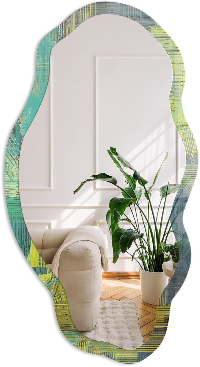 Coloray Levende Abstractie Spiegel - Groen Rechthoekige Spiegel Met Modern Design - Organische Spiegel - Woonkamer, Kantoor, Hal - Abstract - 45x90 cm - Totale afmeting 52x97 cm
