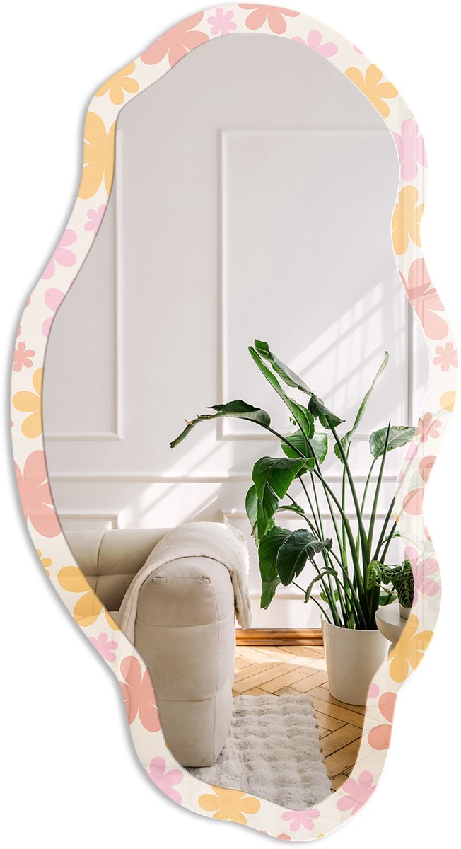 Coloray Bloemenpatroon Spiegel - Romig Elegante Rechthoekige Wandspiegel - Organische Spiegel - Slaapkamer, Woonkamer, Kledingkast - Illustratief - 45x90 cm - Totale afmeting 52x97 cm