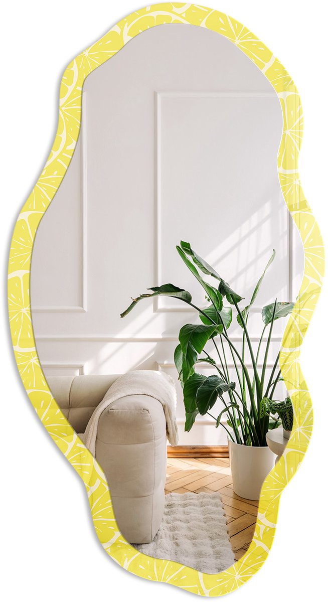 Coloray Citroenschijfjes Spiegel - Geel Rechthoekige Spiegel Met Modern Design - Organische Spiegel - Keuken, Woonkamer, Kantoor - Illustratief - 45x90 cm - Totale afmeting 52x97 cm Citroenstukjes, Geel