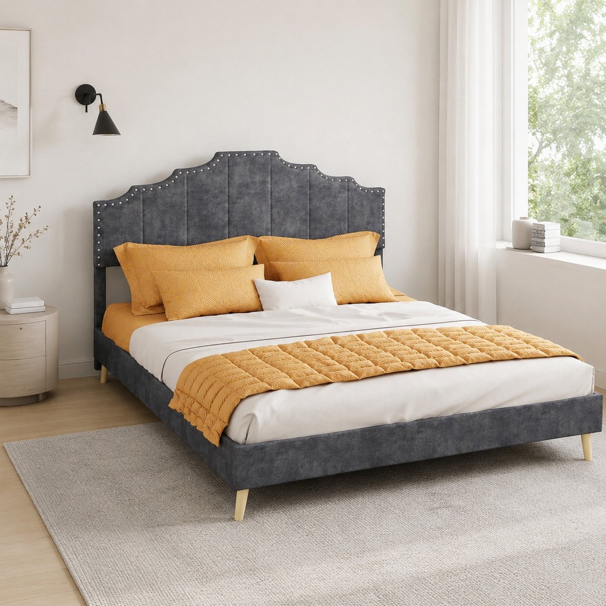 REDOM - Bedframe - Geometrisch hoofdbord met nagelbeslag - Lattenbodem - Stoffen en metalen constructie - Moderne stijl - Slaapkamer - Grijs - 200 x 140 x 133 cm