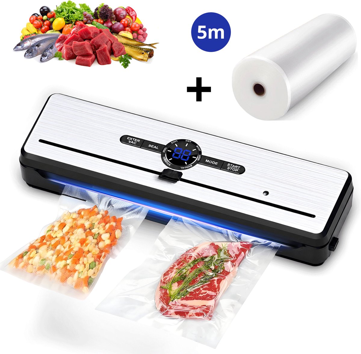Rivv Vacumeermachine met Ingebouwde Snijder - Complete Set met 5m Rol & 5 Zakken - 7 Standen - Vacuümmachine - Seal Apparaat voor Voedsel - 135W - Model AP-25P