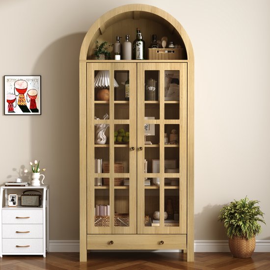 OKWISH Vitrinekast Bogenmodel Met Transparante Acryldeuren En Lade Voor Woonkamer Eetkamer Slaapkamer En Kantoor MDF Naturel 75 X 35 X 170,5 Cm van okwish — afbeelding 2